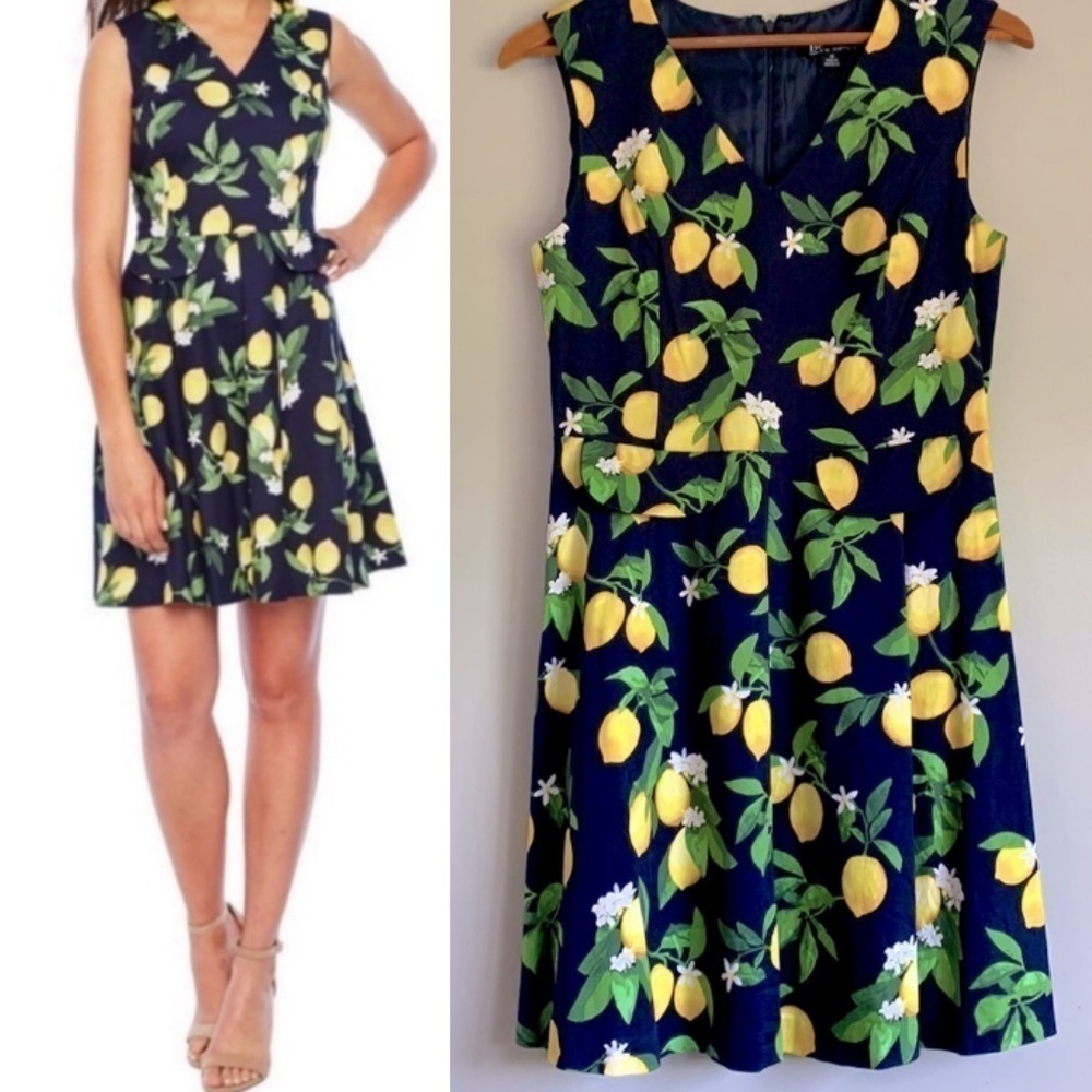 CHETTA B navy lemon citrus floral fit and flare a-line summer dress